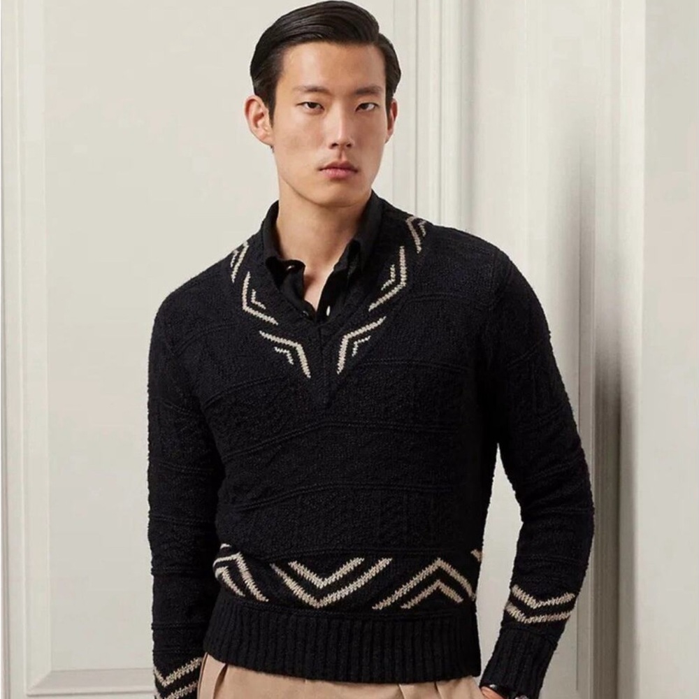 Ralph Lauren Purple Label Hand-Loomed Italian Pattern Sweater Black Size S NWT